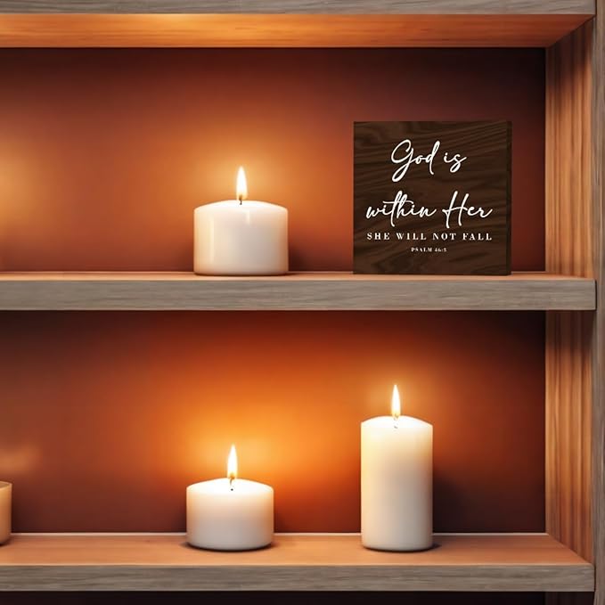 God Is Within Her Bible Verse Artwork Wooden Box Sign Rustic Farmhouse Style Psalm 46:5 Christian Wood Block Plaque 5x5 Inches Home Office Desk Decor for Gifts