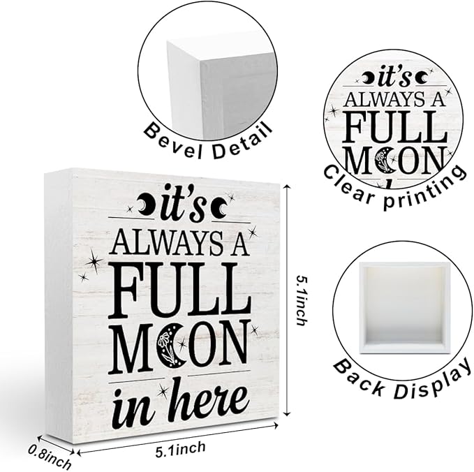 Rustic Full Moon Bathroom Wood Box Sign - It Is Always A Full Moon In Here, Humor Toilet Accessories Wood Plaque, Woods Table Decorative Signs for Office Home Dorm Tabletop Shelf Decoration