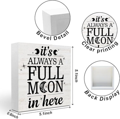 Rustic Full Moon Bathroom Wood Box Sign - It Is Always A Full Moon In Here, Humor Toilet Accessories Wood Plaque, Woods Table Decorative Signs for Office Home Dorm Tabletop Shelf Decoration