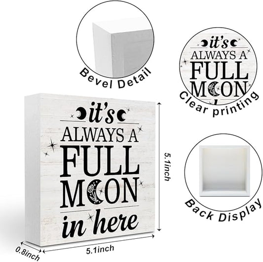 Rustic Full Moon Bathroom Wood Box Sign - It Is Always A Full Moon In Here, Humor Toilet Accessories Wood Plaque, Woods Table Decorative Signs for Office Home Dorm Tabletop Shelf Decoration