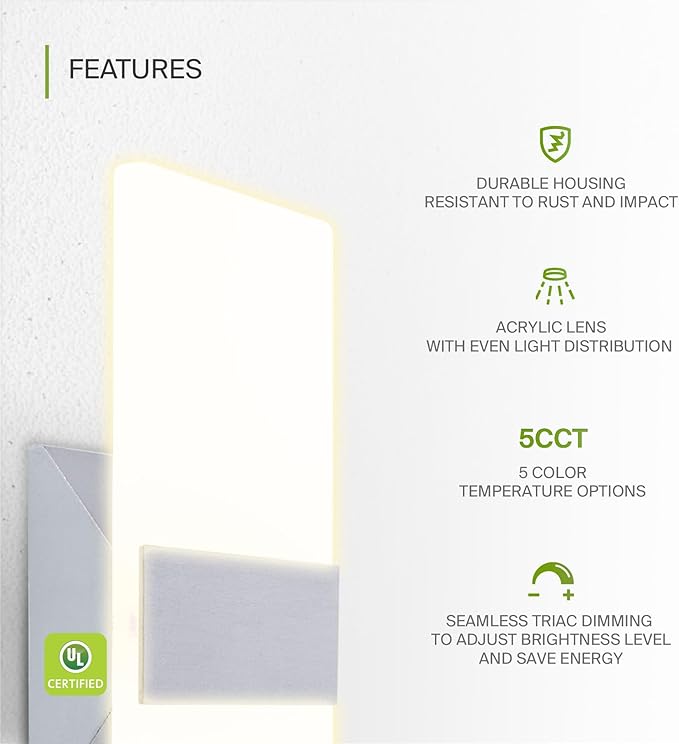 ASD LED Indoor Wall Mount Light Fixture - 12 Inch 12W Modern Interior Brushed Nickel Dimmable Wall Sconce Light - UL 2700K-5000K Adjustable - Hallway, Bedroom LED Wall Lights