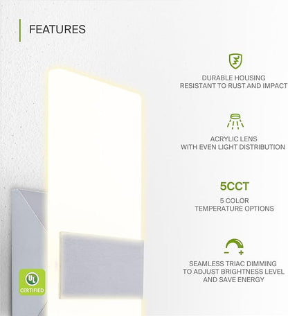 ASD LED Indoor Wall Mount Light Fixture - 12 Inch 12W Modern Interior Brushed Nickel Dimmable Wall Sconce Light - UL 2700K-5000K Adjustable - Hallway, Bedroom LED Wall Lights, Pack of 2