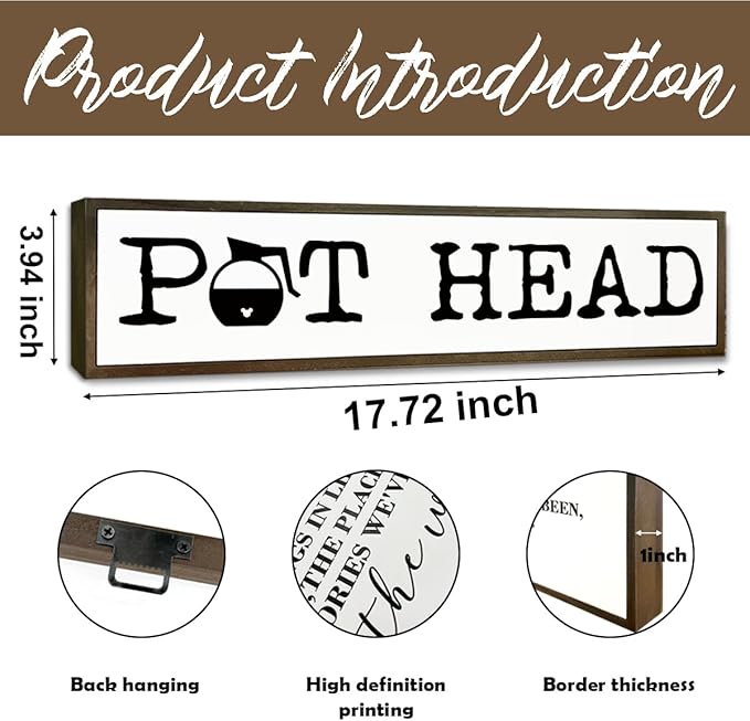 Coffee Decor Sign, Country Farmhouse Wooden Hanging Signs, Coffees Lover Home Decor, Kitchen Decors for Tabletop Shelf, Coffee Station Decors, Pot Head Sign, 17.8x4x1.2 inches