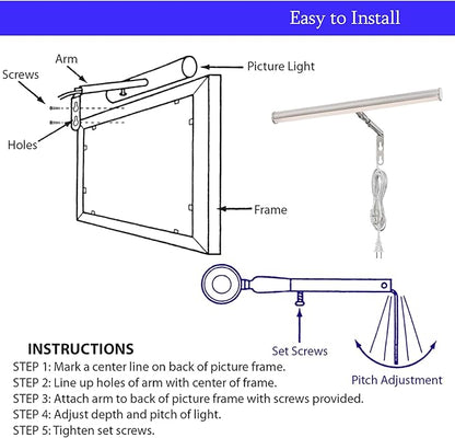 Ciata 14-Inch Picture Light with Integrated LED,3000K Warm White, 4 Watt (40W Eqv) Metal Wall Mount Artwork Display Light, CRI90, 96 in Cord Length with in-line On/Off Switch in Brushed Nickel Finish