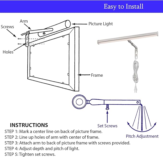 Ciata 14-Inch Picture Light with Integrated LED,3000K Warm White, 4 Watt (40W Eqv) Metal Wall Mount Artwork Display Light, CRI90, 96 in Cord Length with in-line On/Off Switch in Brushed Nickel Finish