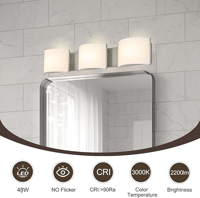 Modern LED Wall Sconce, Indoor Vanity Wall Lighting, 3-Light Bathroom Light Fixtures, Brushed Nickel for Hallway Bedroom Living Room