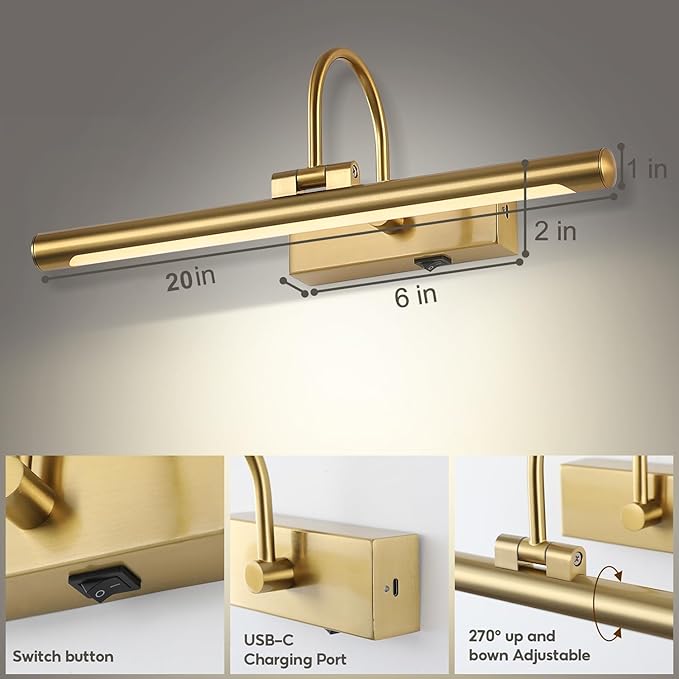 20" Wireless Battery Operated Picture Light for Wall Brass Gold Rechargeable Wall Light with Remote and Timer 9000mAh Art Light for Paintings 3CCT Dimmable Art Light for Pictures Display
