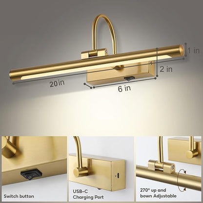 20" Wireless Battery Operated Picture Light for Wall Brass Gold Rechargeable Wall Light with Remote and Timer 9000mAh Art Light for Paintings 3CCT Dimmable Art Light for Pictures Display