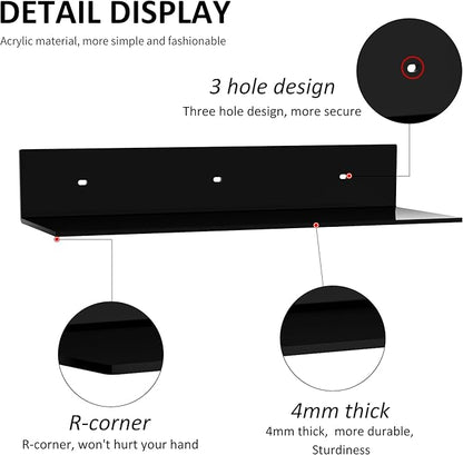 15 Inches Acrylic Wall Shelves 2 Pack, Floating Shelf for Wall Mounting, Acrylic Display Ledges for Funko Pop Figures, Home Décor, Living Room, Gaming Room, Plants(15 inch, Black)