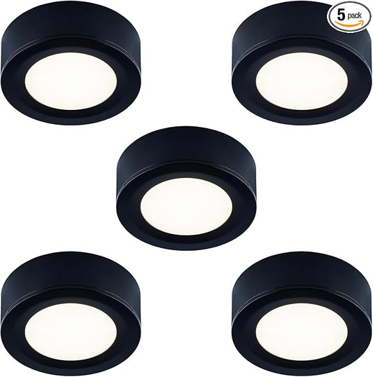 LUMILAND Wired LED Puck Lights 120V (2.7Wx5) Plug-in Lighting Warm White, LED Cabinet Light for Kitchen Can Be Surface Mount or Recess Mount, Black