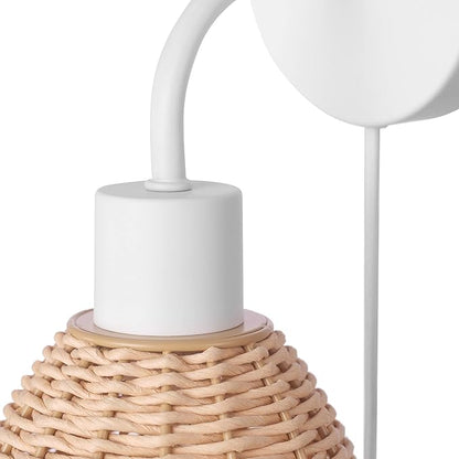 Globe Electric 65928 Briar 1-Light Plug-in or Hardwire Wall Sconce, Matte White, Rattan Shade, 6ft White Braided Fabric Designer Cord, in-Line On/Off Rocker Switch