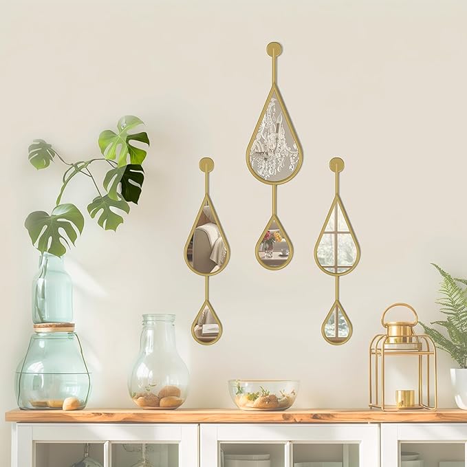 Gold Wall Mirror Tear Drop Shape Decor Mirror for Bedroom Living Room entryway Hall Fireplace Boho Wall Mirror 3-Pack Mirrors Set