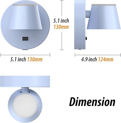 URSOLA Battery Operated Wall Lights Set of Two, LED Rechargeable Battery Wall Sconce with 9000mAh 3CCT and Dimmable Magnetic 360° Rotation Cordless Light for Bedroom（Blue）