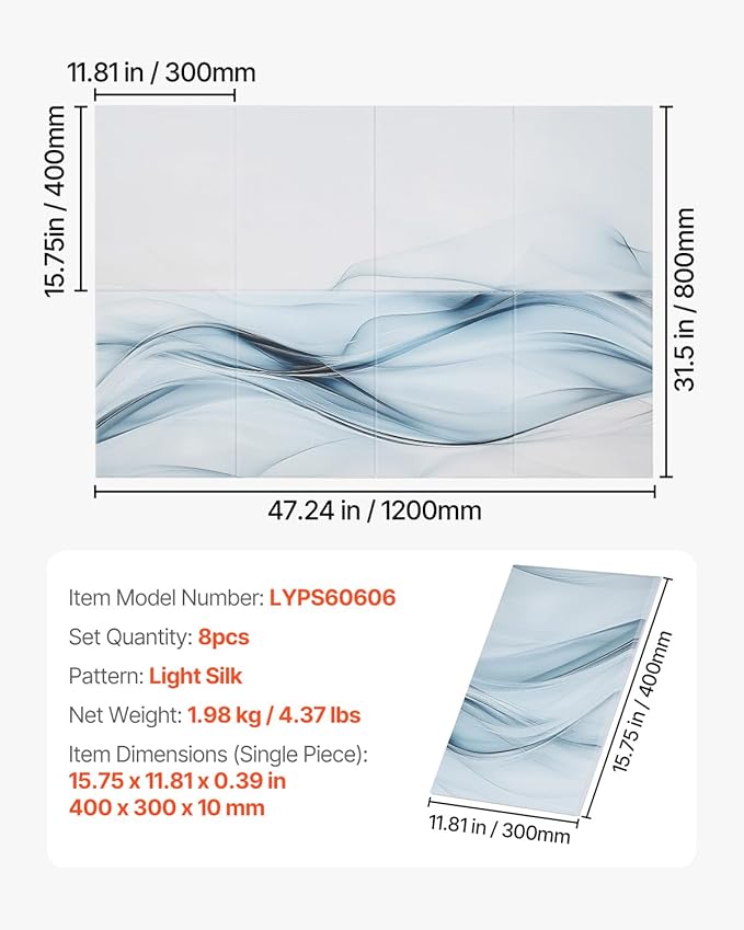 VEVOR 8 Pack Art Acoustic Panels, 47.24 x 23.62 x 0.4 inch Soundproof Wall Tiles, Self Adhesive Decorative Sound Dampening Absorbing Boards for Home, Office, Studio, Gaming Room,Theater,Simplicity