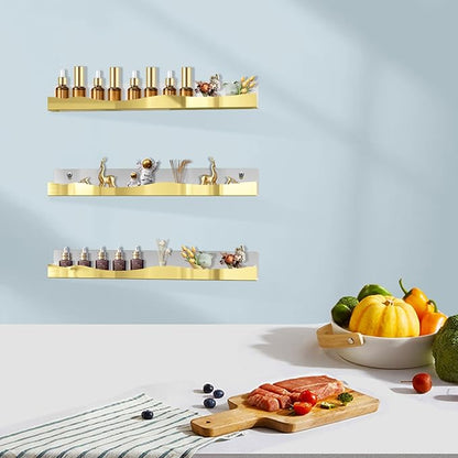6 Pack Nail Polish Wall Rack Mirror Gold Acrylic Wall Mount Ledges with Stopper 15 Inch Kids Bookshelf Tattoo Ink Essential Oils Figurine Display Shelves Spice Rack for Salons Retailers Home