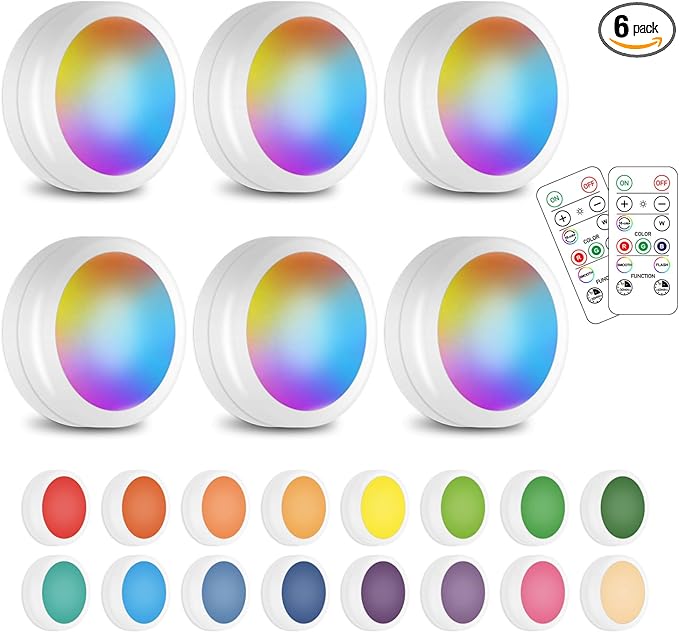 Wireless 16 Color Changing LED Puck Light 6 Pack LED Under Cabinet Lighting Closet Light Battery Powered Night Lights with Remote Control Dimmer & Timing Function