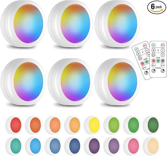 Wireless 16 Color Changing LED Puck Light 6 Pack LED Under Cabinet Lighting Closet Light Battery Powered Night Lights with Remote Control Dimmer & Timing Function