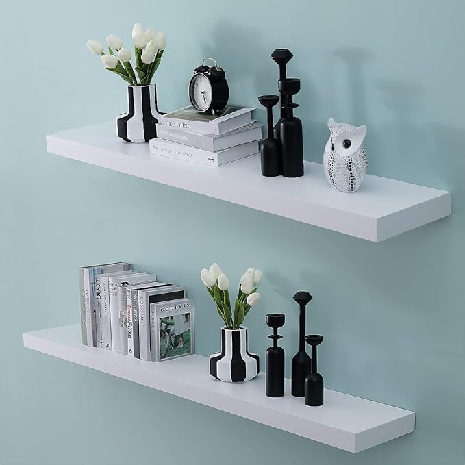 WELLAND 48 inch White Mission Floating Shelves for Wall, Bathroom and Bedroom, Modern Display and Book Shelves, Kitchen