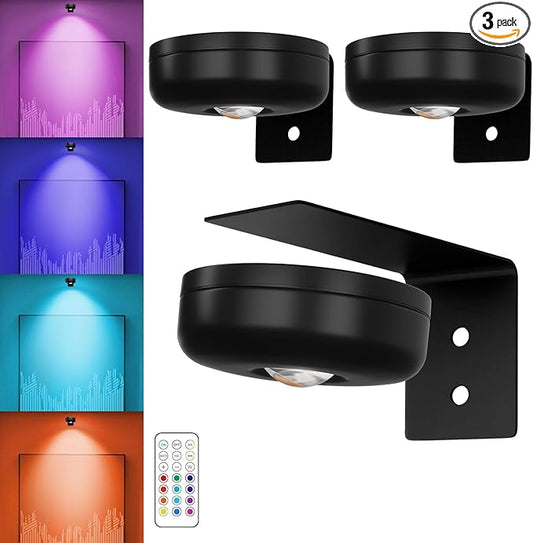 Battery Operated Painting Light, Magnetic Picture Light with Remote Dimmable and Timer, 13 Color RGB Wall Decor Puck Lights,Art Display Light for Picture Frame Paintings 3 Black