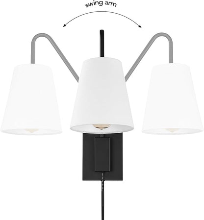 Globe Electric 65000043 1-Light Plug-in or Hardwire Wall Sconce, Matte Black, White Fabric Shade, Swing Arm, 6ft Black Braided Fabric Cord, On/Off Pull Chain, Wall Lights for Living Room, Home Décor