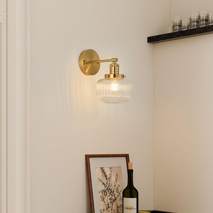 TERLEENART Vintage Wall Sconce Set of 2,Hard Wired Sconce with Clear Ribbed Glass Shade,Indoor Wall Mounted Lamp for Bedroom Living Room Bathroom Hallway