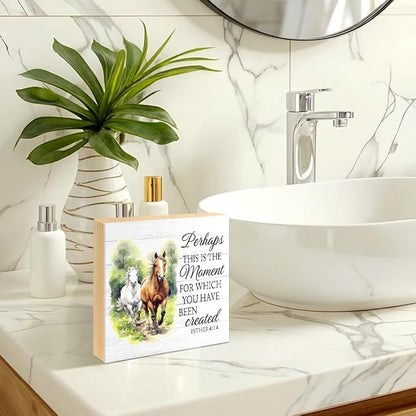 Perhaps This Is The Moment for Which You Have Been Created Wood Block Plaque Box Sign for Home Living Room Coffee House Bar Shelf Table Decoration, Esther 4:14 Wild Horses Farmhouse Sign