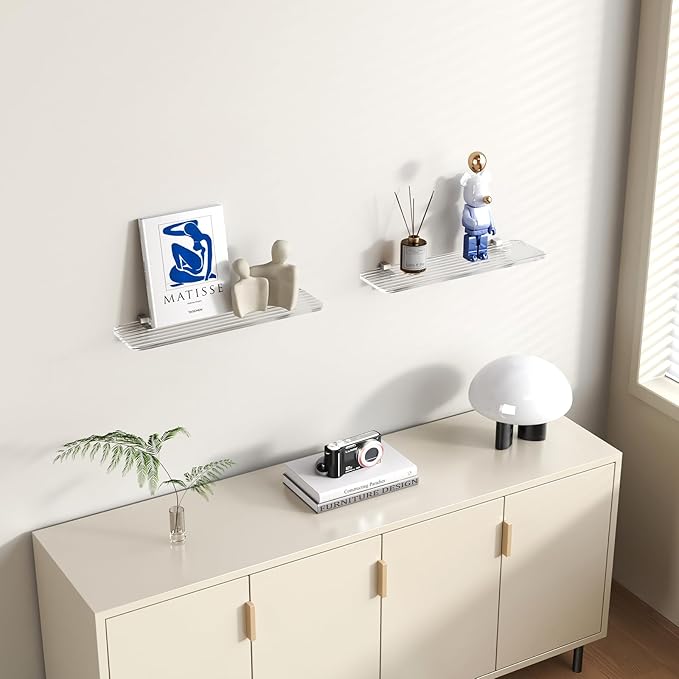 Clear Acrylic Shelf, Set of 2 Invisible Wall Shelves Wall Mounted Display Shelf, Floating Shelves for Bathroom, Bedroom, Living Room, Kitchen, Office (Wave 13.8 Inch Set of 2)
