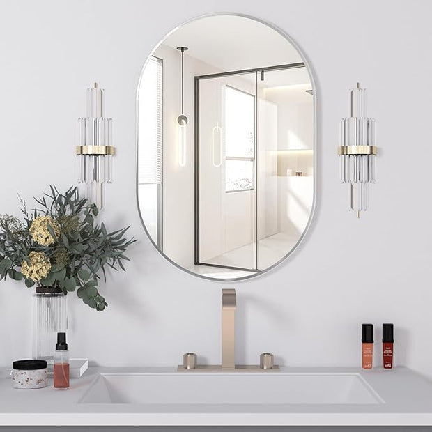 Oval Bathroom Mirror Wall Vanity Oval Mirrors, 20"x30" Silver Bathroom Mirrors for Over Sink Pill Mirrors Capsule Wall Mounted Mirror, Modern Mirror with Metal Frame for Wall Decor
