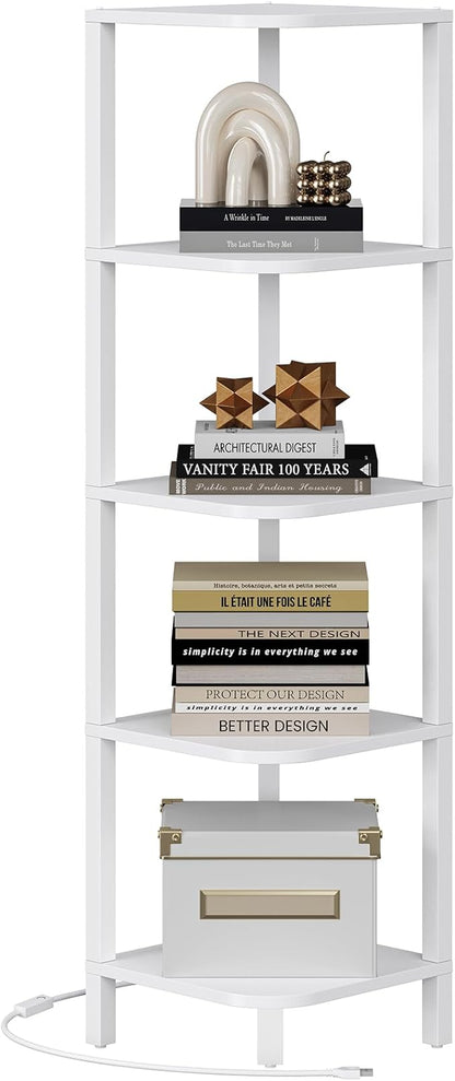 TUTOTAK Corner Shelf with LED Light, 5-Tier Corner Bookshelf for Small Space, Narrow Display Corner Shelf Stand with Storage Rack, for Living Room, Bedroom, White BS08BW005L
