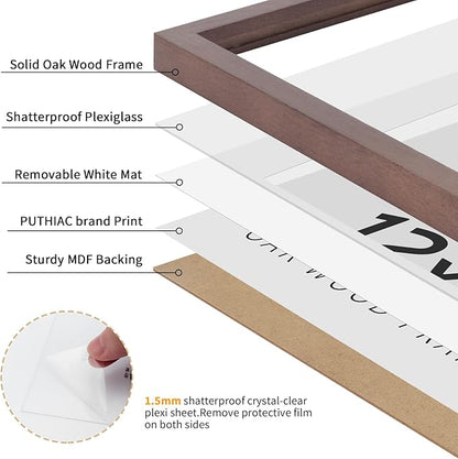 puthiac 12x12 Solid Oak Wood Picture Frame, Fits 8x8 with Mat or 12x12 Without Mat, Wall Display Only, Plexi Front, 3 Pack, Walnut