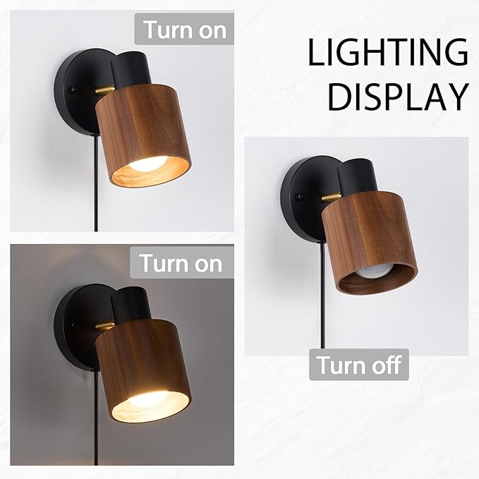 Modern Black Plug in Wall Lamp, Real Dark Wood Wall Sconces Lighting, for Living Room, Bedroom, Guest Room, E26 Base