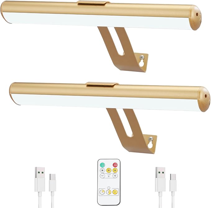Picture Light 2 Pack, Rechargeable Picture Light for Paintings with Remotes, Wireless Picture Frame Light, 3 Lighting, 300LM Battery Operated Art Light for Display, Picture-Gold
