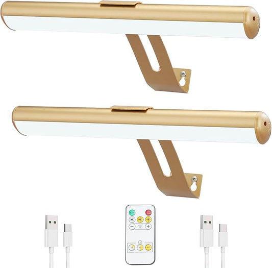 Picture Light 2 Pack, Rechargeable Picture Light for Paintings with Remotes, Wireless Picture Frame Light, 3 Lighting, 300LM Battery Operated Art Light for Display, Picture-Gold