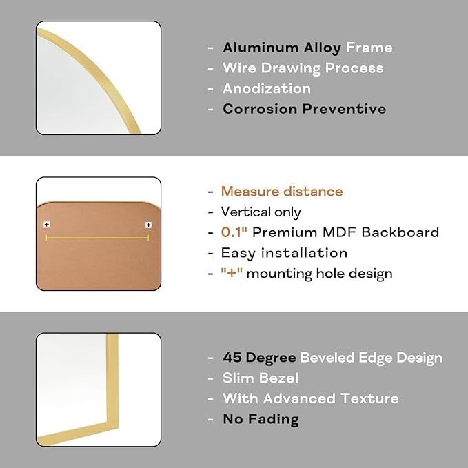 Modern Large Wall Mirror, Modern Mantel Minimalist Home Decor, Brushed Gold Metal Framed Arched Mirror for Living Room, Bedroom, Fireplace, Mantle, Entryway, Bathroom, 36