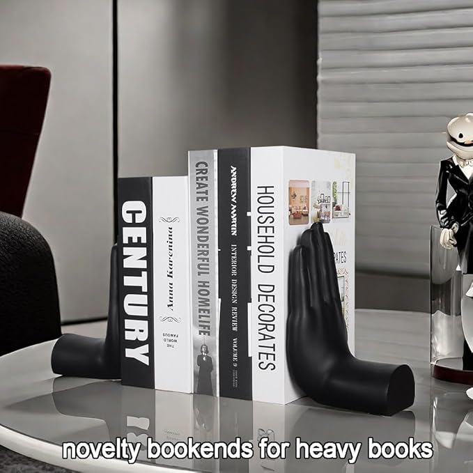 Decorative Bookends Praying Hands Book Ends for Shelves, Black Modern Bookend Heavy Duty Book Ends Stopper Holders for Shelves Office Home Living Room, Resin, 8.5" x 6.8"