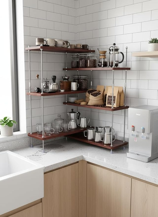 VINIUSIKI Adjustable 6 Tier L-Shaped Countertop Shelf Organizer, Kitchen Spice Rack for Countertop, Wood Coffee Counter Shelf Organizer for Home - 15.7"x15.7"x24.01" (LxWxH), Auburn