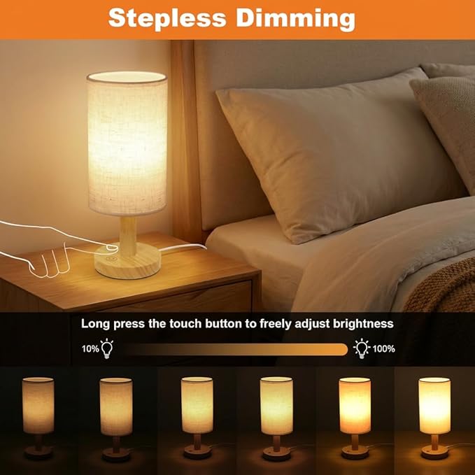 Touch Bedside Table Lamp-3 Color Temperatures & Stepless Dimming with USB Plug,Natural Round Wood Base&Linen Fabric Shade|Minimalist Boho Nightstand Lamp for Bedroom,Nursery,Kitchen,Dorm,Small Spaces