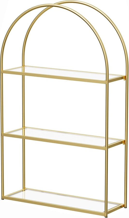 Crofy Gold Arched Frame Wall Shelf, Decorative 3 Tier Bathroom Wall Shelf with Transparent Tempered Glass Shelves and Robust Storage Capacity, 5.1" D x 18.1" W x 28.9" H