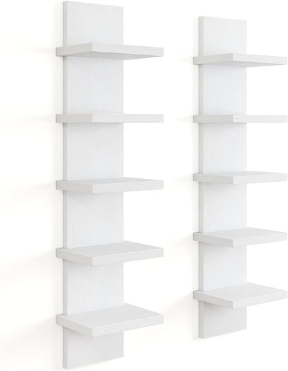 5 Tier Wall Shelf Unit, Decorative Wall Mount Vertical Shelving, Floating Storage Home Decor Organizer Tall Tower Design Utility Shelving Bedroom Living Room, Modern White 2Pack