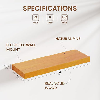 Heimlove 24 Inch Floating Shelves for Wall Brown Shelves Set of 2,Wall Mounted Rustic Wood 8 Inch Deep Floating Shelf with Invisible Brackets for Bedroom Kitchen Living Room