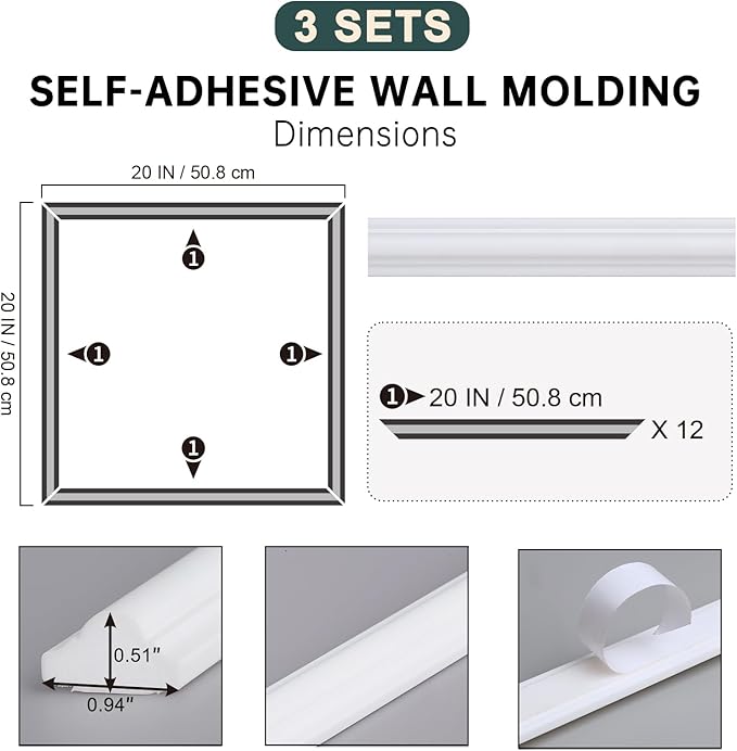 Melkus Peel and Stick Wall Molding Kit, 3 Sets 20" x 20"Precut Wainscoting Panels, Self Adhesive Molding Trims for Interior Wall Décor