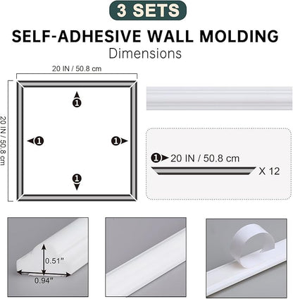 Melkus Peel and Stick Wall Molding Kit, 3 Sets 20" x 20"Precut Wainscoting Panels, Self Adhesive Molding Trims for Interior Wall Décor