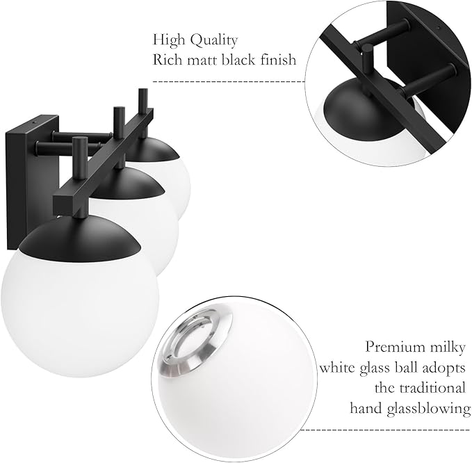 Ralbay Mid Century Modern Bathroom Vanity Lights Matte Black Milky Glass Modern Bathroom Wall Lights Over Mirror, Black 3-Light (Exclude Bulb)
