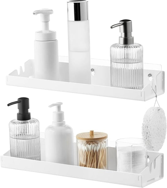 Navaris Opaque White Acrylic Shower Shelves (Set of 2) - Stick On or Screw Mount Adhesive Shelves for Bathroom - No Drilling or Nails Thin Plastic Wall Shelf