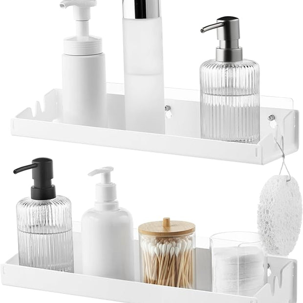 Navaris Opaque White Acrylic Shower Shelves (Set of 2) - Stick On or Screw Mount Adhesive Shelves for Bathroom - No Drilling or Nails Thin Plastic Wall Shelf