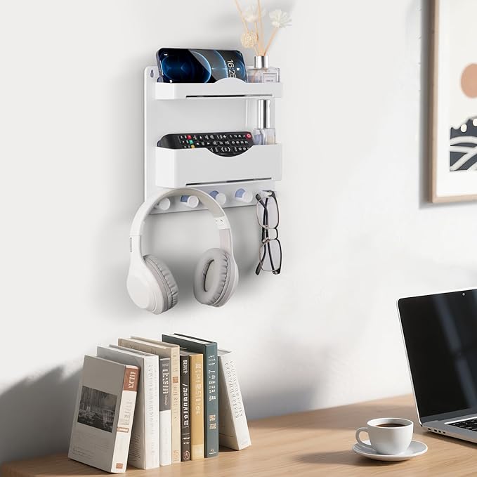 JUMEIHUI Bedside Wall Shelf with Glasses Hooks ，Adhesive Bedside Organizer Wall Mount for Dorm and Room Accessories Phone，Remote，Earphone， Kindle (White)