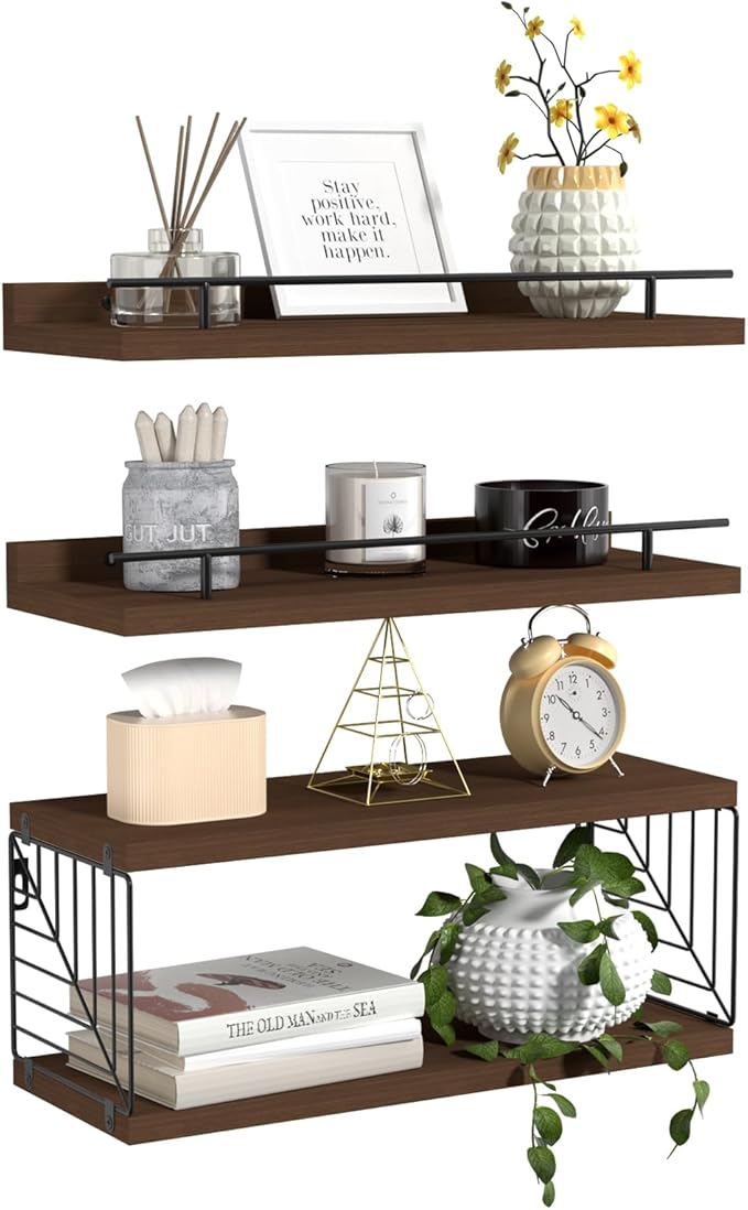 Floating Shelves for Wall, Floating Shelf for Bathroom Set of 3, Floating Shelf for Wall with Toilet Paper Holder for Bathroom, Bedroom, Living Room, Kitchen, Office (Brown)