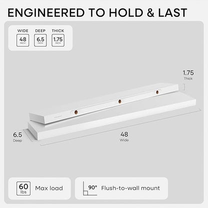Homeforia White Floating Shelf 48 inches, High End Solid Real Wood 48inch Long Floating Shelves for Wall Mounted, White Wooden 48in Floating Shelves, Heavy Duty Bracket, 48 X 6.5 X 1.75 inch, Set of 3