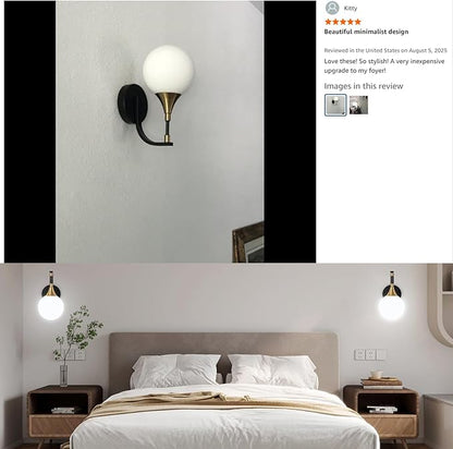 1-Light Bathroom Wall Sconce Light,Black and Gold Vanity Lighting with White Milk Globe Glass Shade, Vintage Wall Light Fixture Wall Lamp Wall Mount Light for Bedroom Hallway