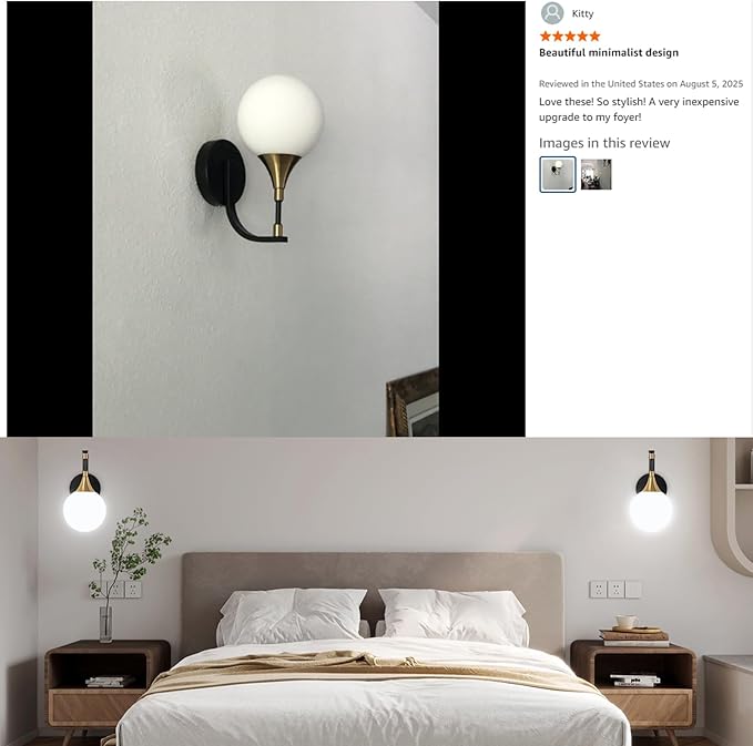 1-Light Bathroom Wall Sconce Light,Black and Gold Vanity Lighting with White Milk Globe Glass Shade, Vintage Wall Light Fixture Wall Lamp Wall Mount Light for Bedroom Hallway